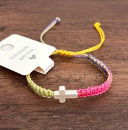 Handmade Rainbow Braided Cross Bracelet - White Charm (Adjustable 6.5" to 9")
