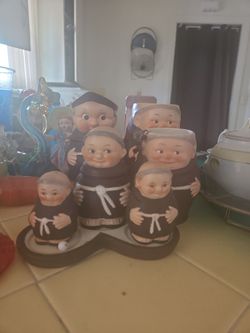 Old stuffVintage Monk Pitcher & Condiment Set, West Germany Friar Tuck Goebel Style Ceramic Kitchen Decor, 1950s Mid Century Figural Pottery Set of 8