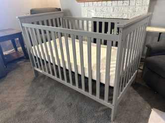 Grey Baby Crib - Full Size With New Mattress 