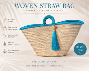 120% Lino Woven Straw Tote Bag with Turquoise Trim and Tassel