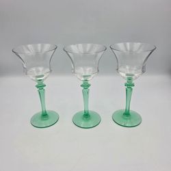 3 Stemmed Uranium Ribbed Wine Glasses Depression Glassware Green 6" Tall *READ*