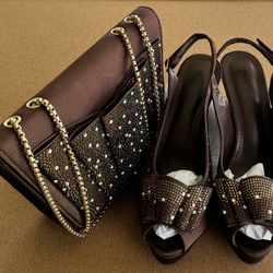 Brown and gold shoe and bag rhinestone set