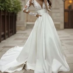 A Line V Neck Long Sleeve Dress With Train