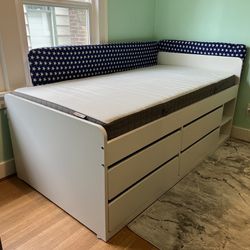  Twin Bed, storage, drawers, shelf, matress