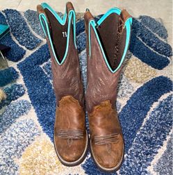 Brown Leather Cowboy Boots with Turquoise Trim