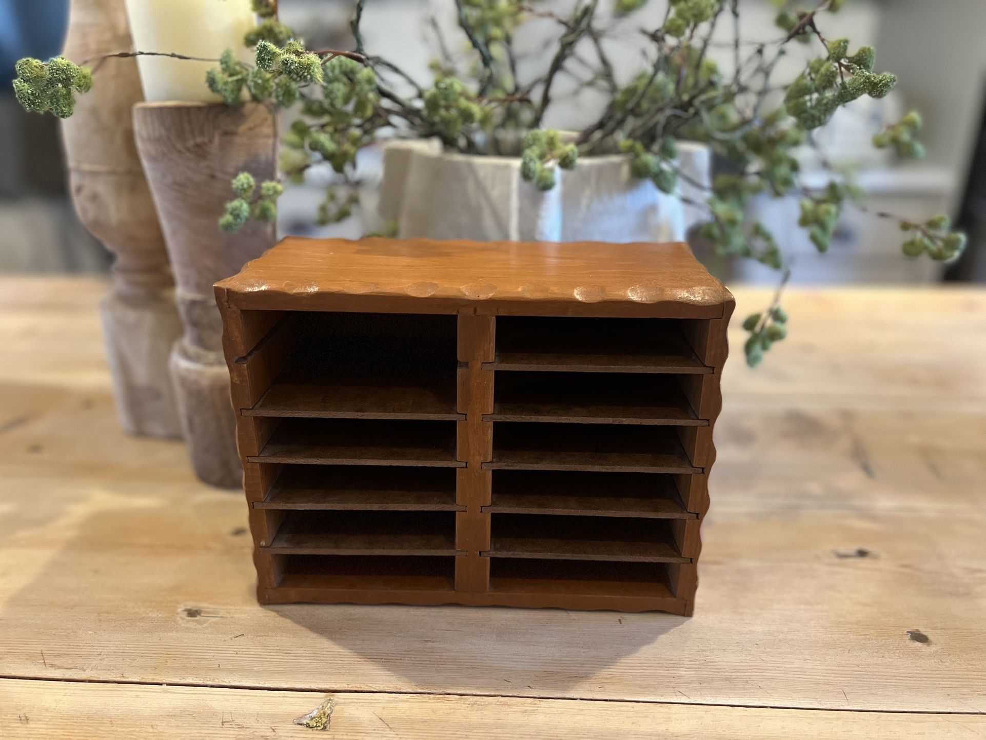 Vintage Wood & Masonite Card File Organizer | Desktop Sorter Wavy Scallop Edge