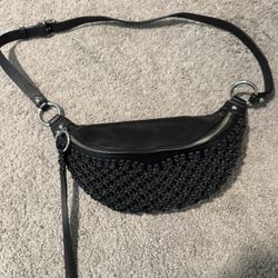 Rebecca Minkoff Bree Leather Macrame Belt Bag in black crossbody sling bag 