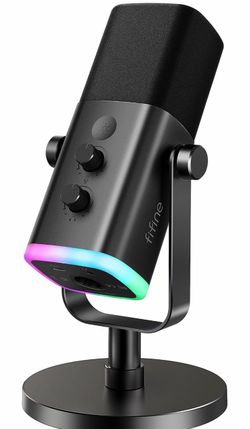 FIFINE - Micrófono dinámico XLR/USB para podcasts, de transmisión de juegos con luz RGB, botón de silencio, conector para auriculares, soporte de escr