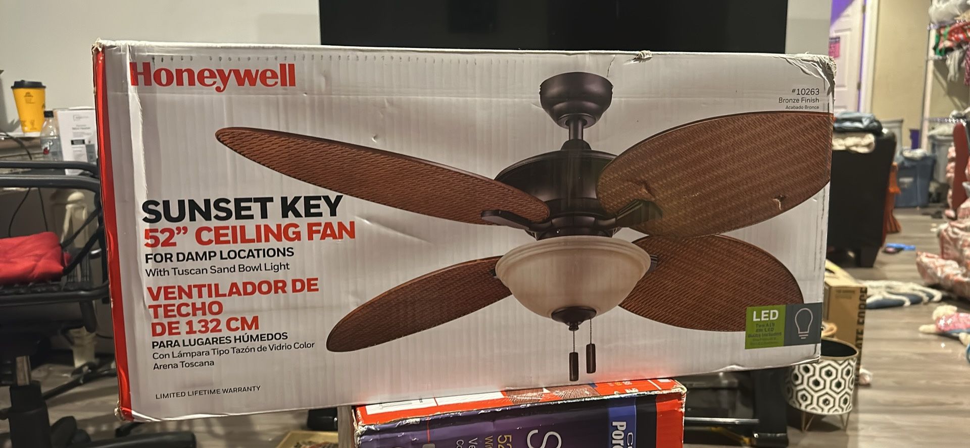 Honeywell Sunset Key 52" Ceiling Fan With Tuscan Sand Bowl Light - For Damp Environments