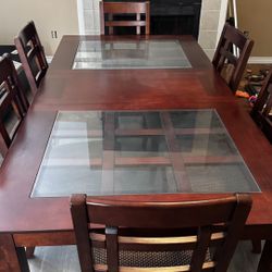 Solid Wood 6- Chair Dining Table with Removable Leaf, Hutch, And Curio Cabinet Set