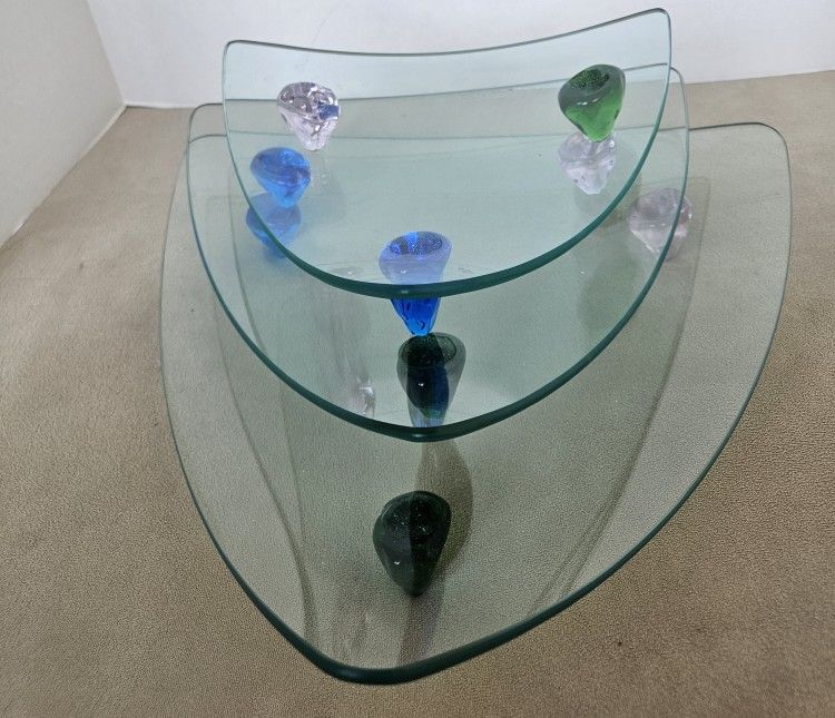 Vintage Modern Triangular Glass Dish w/ Multi Color Gem Feet