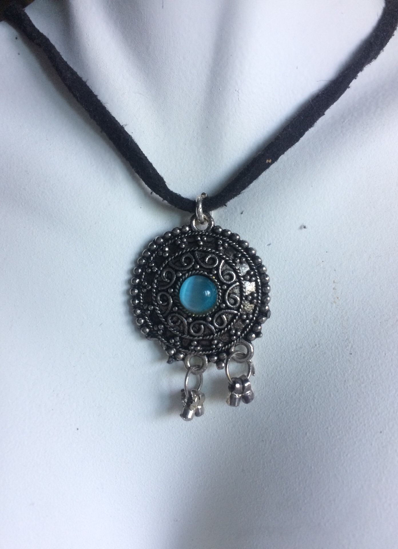 Silver blue moonstone medallion necklace pendant  style cow girl