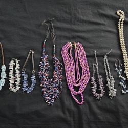 12 Vtg Necklaces Aquamarine Chips Faux Pearl Crystal Beads