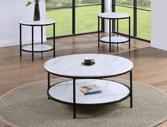 Coffee table and End table White  Faux Marble top, Metal frame Black finish. 