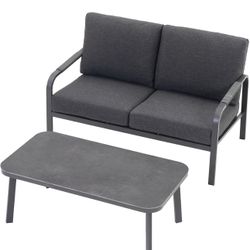 2-Seat Outdoor Patio Sofa and Coffee Table Set, Hand-Woven Rattan with Aluminum Frame, Removable Waterproof Cushions, All-Weather Furniture for Garden