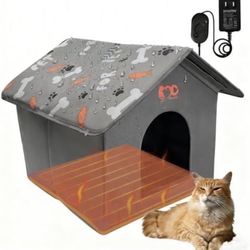 Indoor Heated Cat House, Adjustable Temperature Cat Heating Bed with Timer and Chew Resistant Cord, Large Cat House with Heating Pad for Small Medium 