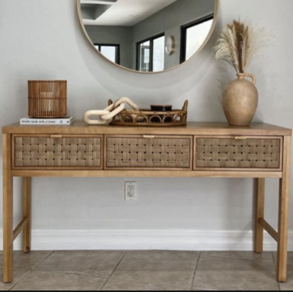 Studio McGee Console Entry Hallway Table With Drawers Woven Boho Modern