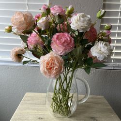 New Clear Glass Vase + 12 Silk 3-head Peonys | Vase Flowers  Approx Measurements: Vase width: 6” Width with handles: 8” Height: 9.5”  Width with Peony