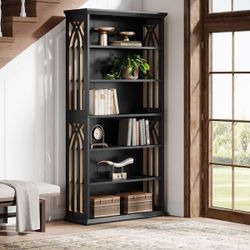 Eulas 75 in. Tall Black Wood 6-Shelf Standard Bookcase with Interior Shelves, Storage Living Room, H