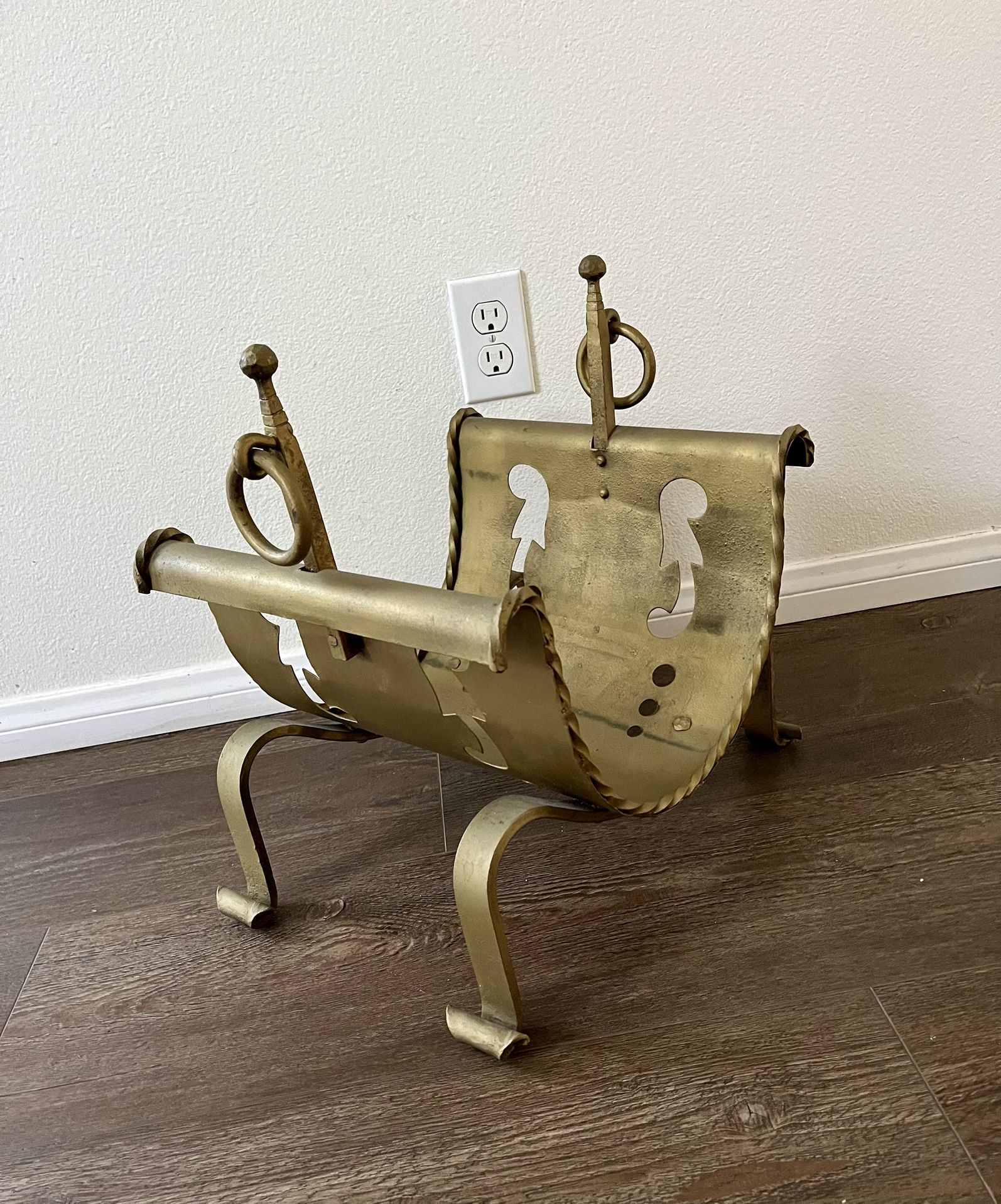 Vintage Brass Fireplace Log Holder with Decorative Cutouts