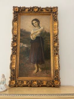 Large Vintage Oil Painting of Shepherd Girl in Ornate Gold Frame