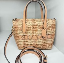 Coach City Mini Tote Bag with Gingham Print. Straw/Gold/Tan
