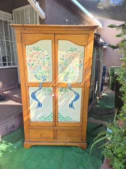 Pine Wood Armoire with Hand-Painted Floral Doors