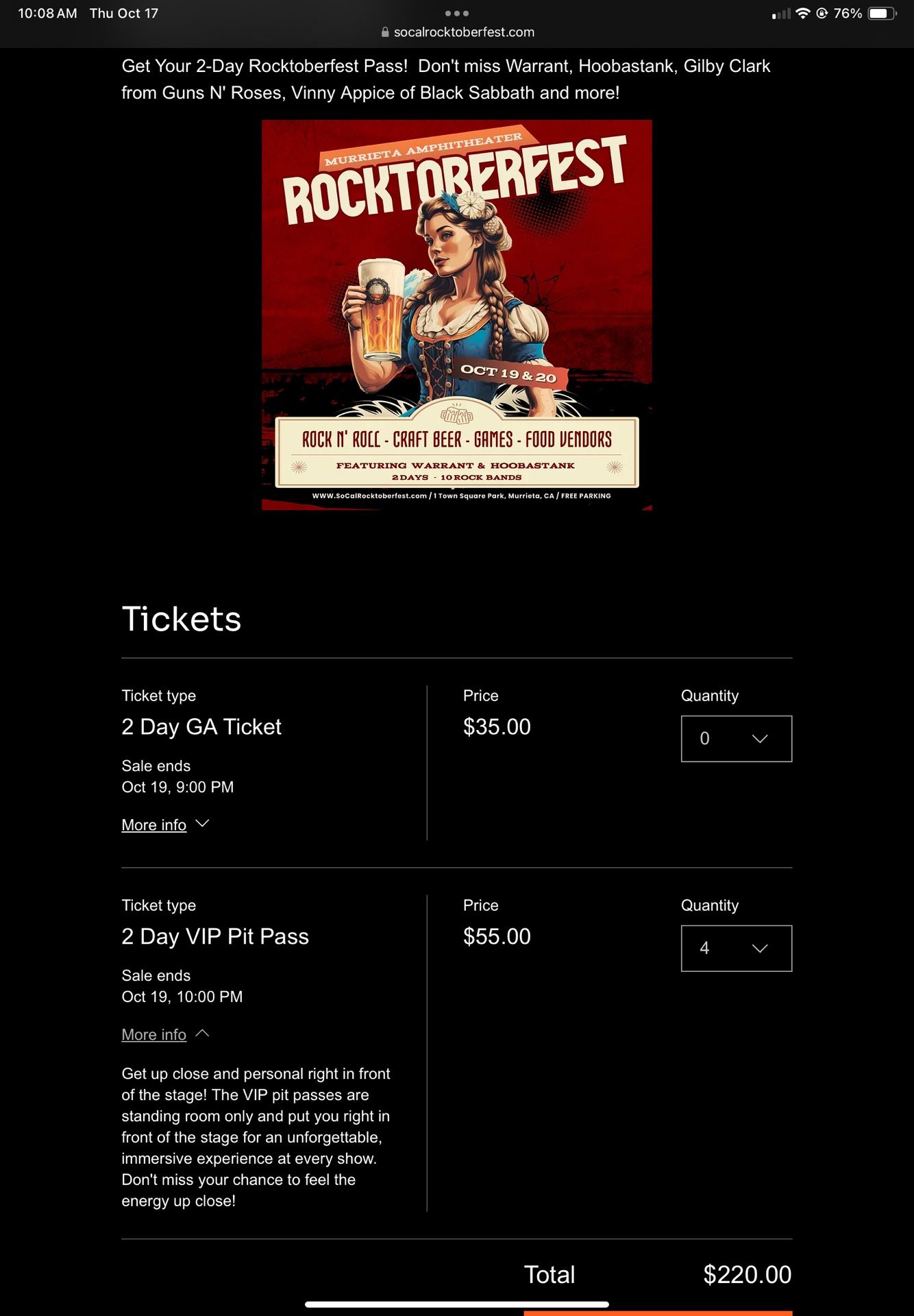 4 VIP PIT Pass To SoCal Rocktoberfest
