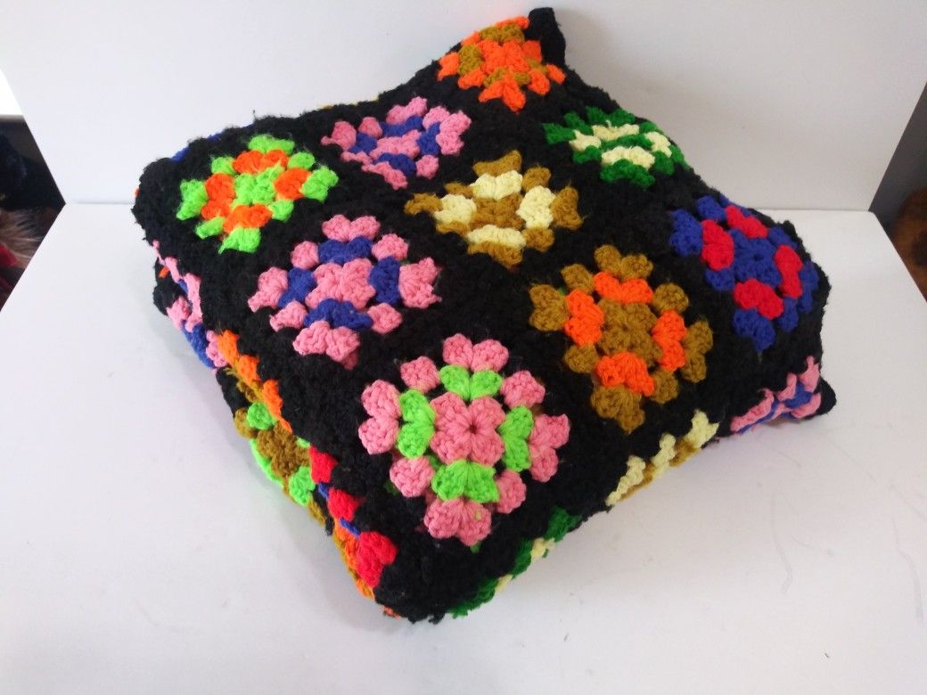 Hand Crocheted Granny Square Afghan 60x60 Black and Multi Color Throw Blanket