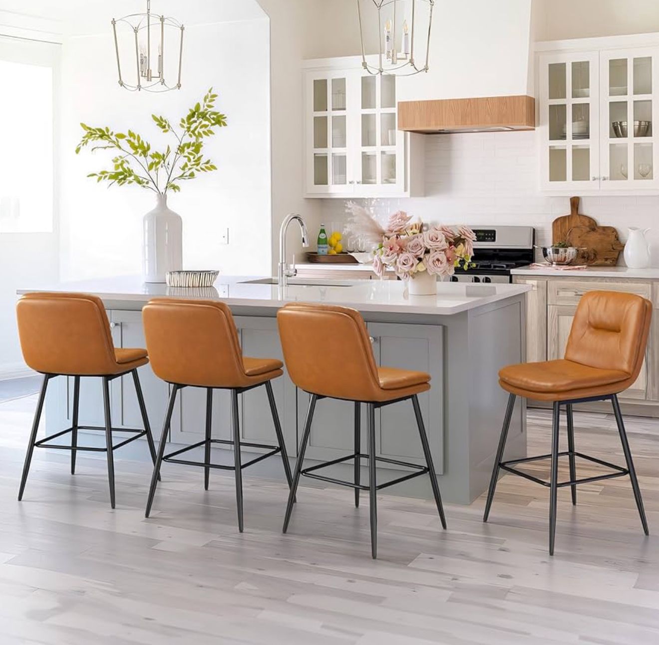 Double-Layer Upholstered Bar Stools Set of 4, 24 Inch Counter Height Bar Stools for Kitchen Island, Armless Faux Leather Barstools Chairs with Back an
