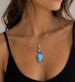 Teardrop Turquoise & Pearl Gemstone 2.5” Pendant#54512