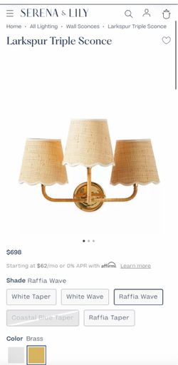 New in Box Serena & Lily Larkspur Triple Wall Sconce Raffia Wave Shades