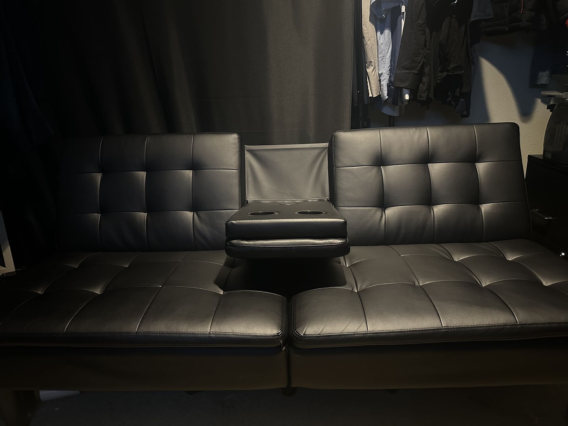 BLACK LEATHER COACH/FUTON SOFA BED (I Can Deliver)