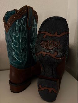 LAREDO WOMEN’S FAYE RUST AND TURQUOISE STOCKMAN BROAD SQUARE TOE COWBOY BOOTS
