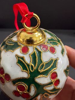 Rare Unique Hand Crafted Cloisonne Enamel Holly Berry Christmas Ornament