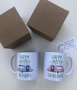 2 Happy Camper Mugs, “Grandpa”&”Grandma”  NEW from Cupology