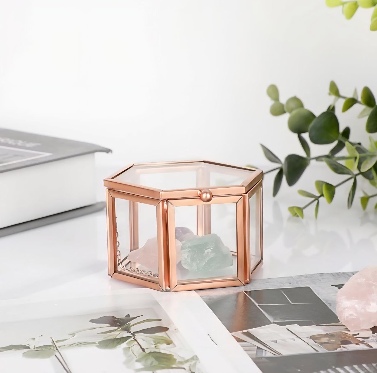 Hipiwe Vintage Glass Jewelry Box - Golden Hexagonal Jewelry Display Organizer Keepsake Box Home Decorative Box Case for Storage Trinket Ring Earring C