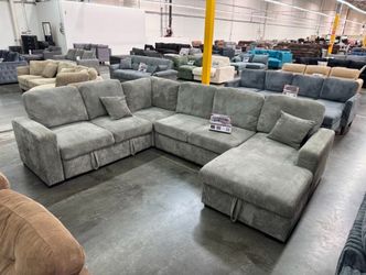 XL sectional sofa with pull-out bed  & storage  grey corduroy