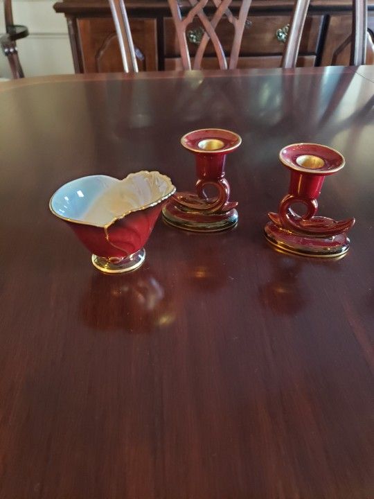 Carlton Ware Rouge Royale Handpainted Pair Candlesticks & Sugar Bowl (3 Pcs)