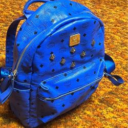 Authentic MCM Rucksack Studded Blue Leather Backpack Large