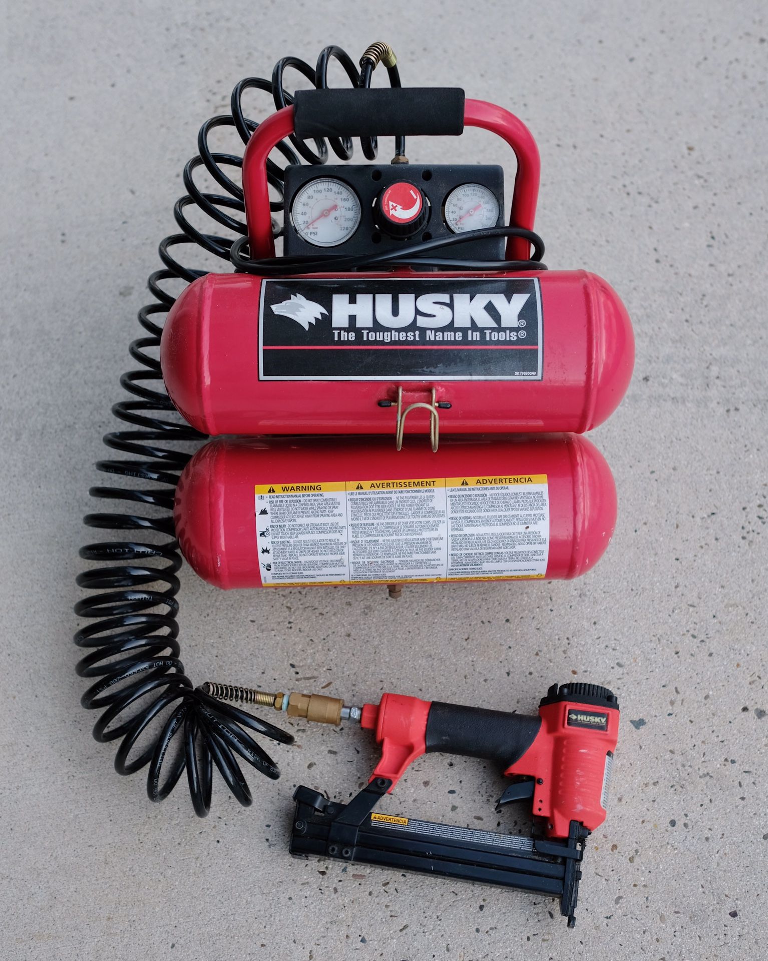 Husky Oilless Electric Air Compressor Model FP209699DB plus Nailer /Stapler