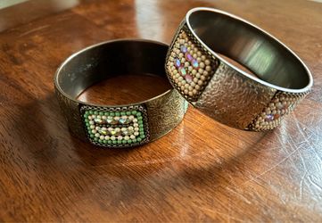 Vintage, Artisan Bead Embroidered Accent Brass Bangles - Multicolor