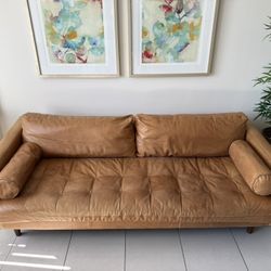 POLY & BARK Napa 88.5" Leather Sofa – Full-Grain Italian-Tanned Aniline Leather, Feather-Down Comfort, Solid Wood Frame, Walnut Legs, Cognac Tan