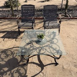 Outdoor Patio Set Glass Top Table 2 Chairs Wood & Metal Finishes 