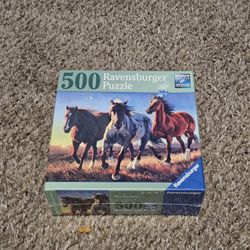 New sealed 500 Piece Jigsaw Puzzle 3 horses Blue Roan Ridge