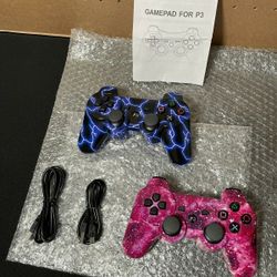 Ps3 Wireless Controllers for PlayStation 3, Gaming Remote Joystick for Play 3 W/ Charger Cable Cord (BlueFlash and PurpleSky)