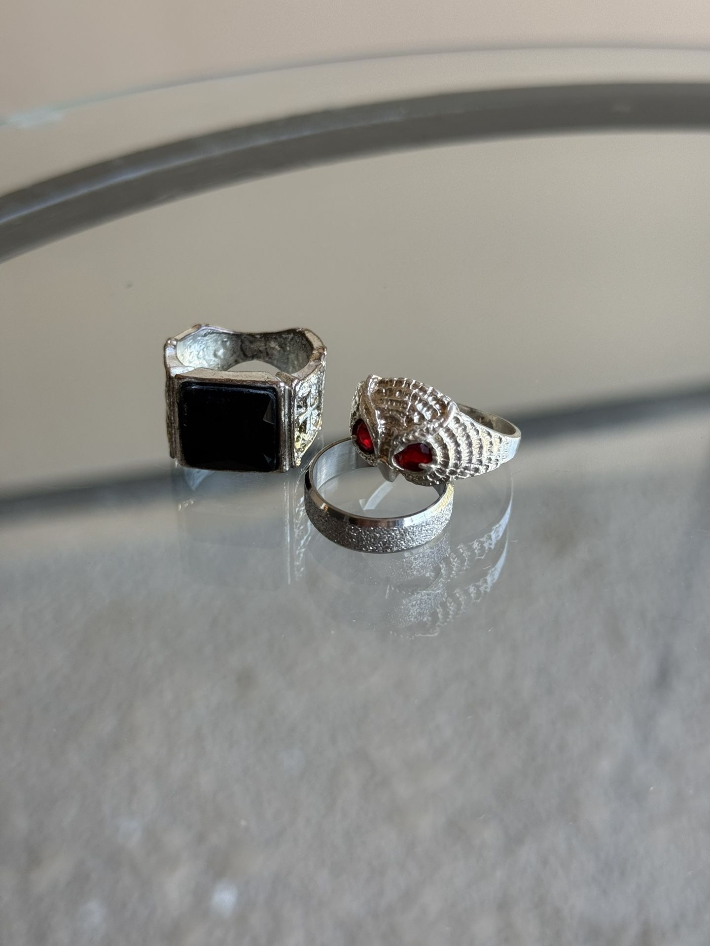 silver rings owl & black stone ring & sliver glittery cut ring
