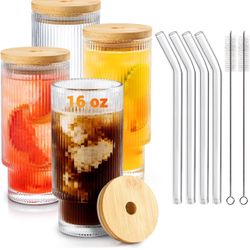 Glass Cups with Lids and Straws 4Pcs Set, 16oz Drinking Glasses Set, Iced Coffee