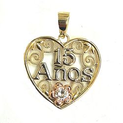 Heart with 15 Anos pendant 14K REAL YELLOW , WHITE & ROSE GOLD.
