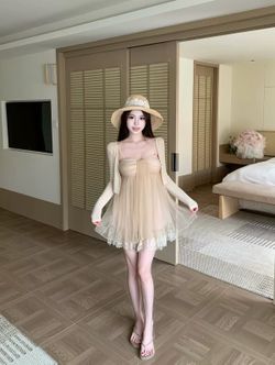 Beige Lace Trim Babydoll Mini Dress